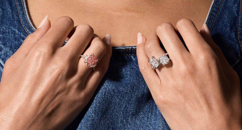 Women wearing labgrown diamond engagement ring on left and right hand by Jean Dousset