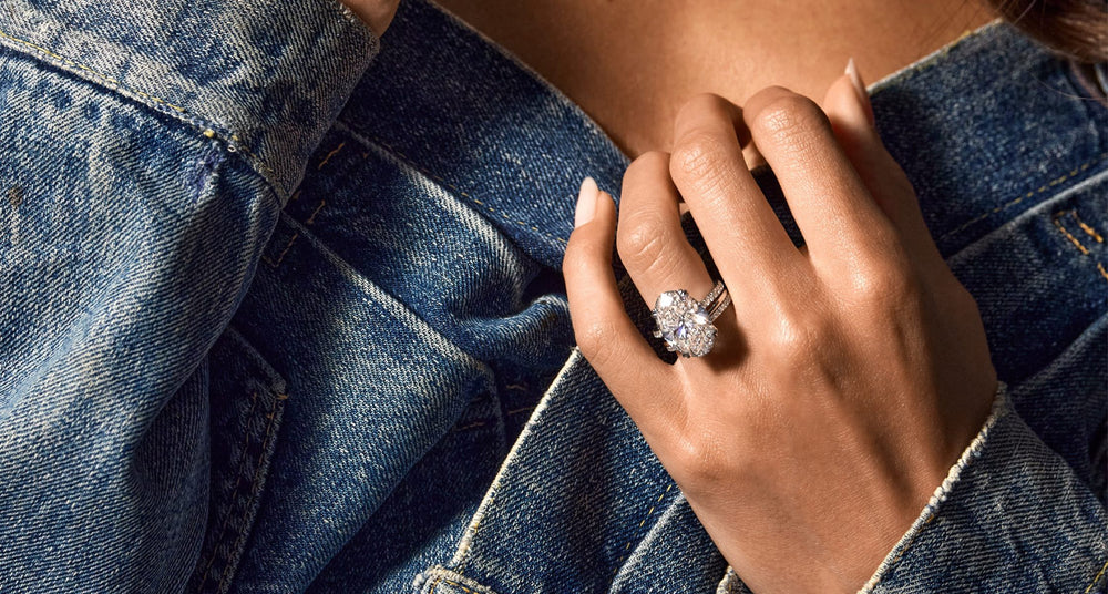 Female model wearing Jean Dousset solitaire lab diamond engagement ring