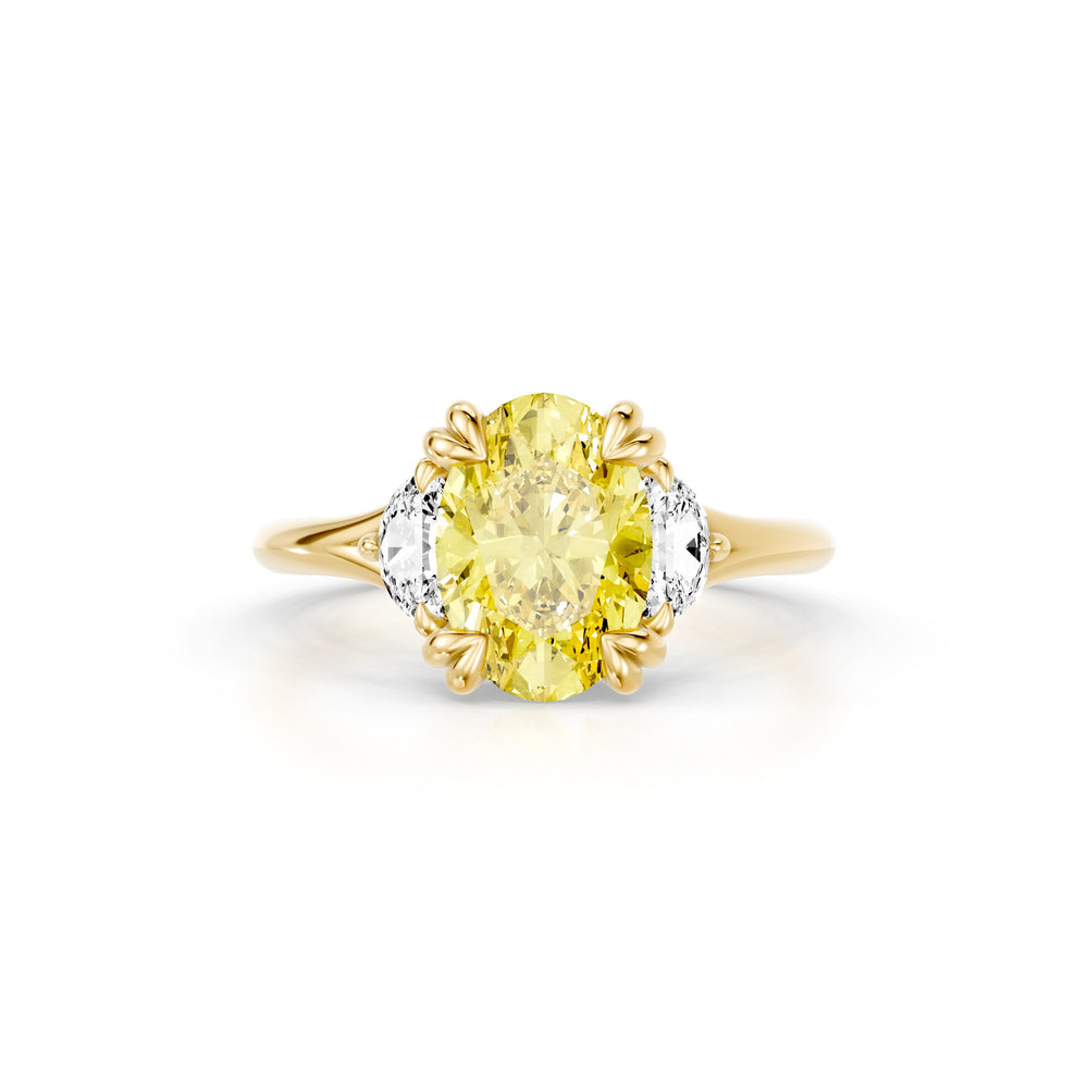 Jane Oval Cut Half Moon Three Stone Yellow Lab Diamond Engagement Ring image 1