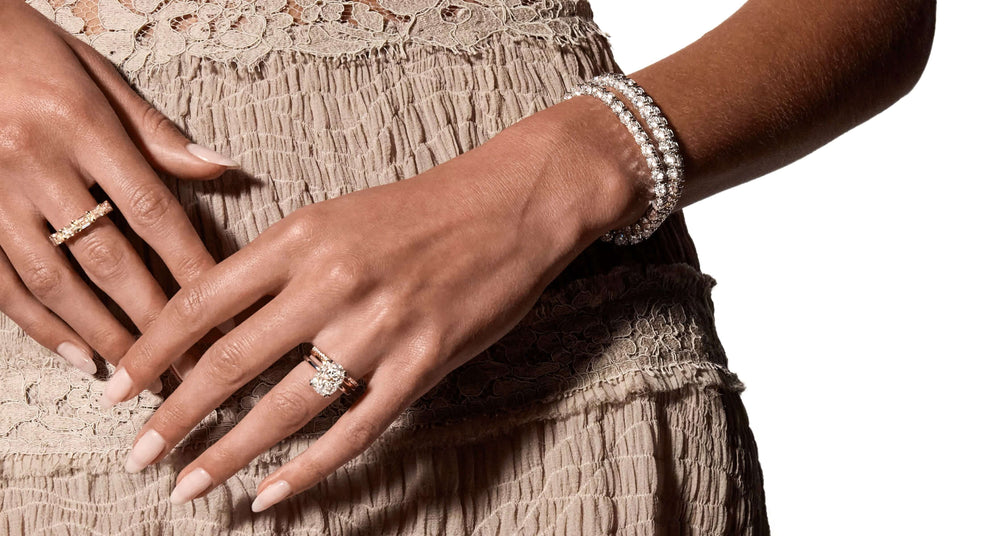 Female model wearing luxury tennis bracelet with lab-grown diamonds by Jean Dousset