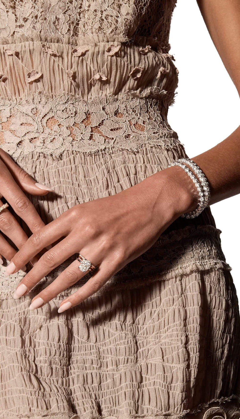 Female model wearing luxury tennis bracelet with lab-grown diamonds by Jean Dousset